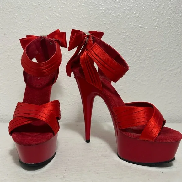 Pleaser delight Red Satin Platform Ankle-Tie High Heel Sandal - Picture 10 of 12